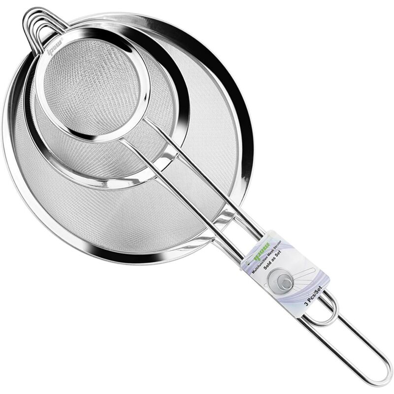 Küchensieb/Mehlsieb aus Edelstahl mit feinmaschigem Griff 7 cm, 12 cm und 18 cm zum Abtropfen von Gebäckpulver, zum Abgießen von Nudeln/Reis, zum