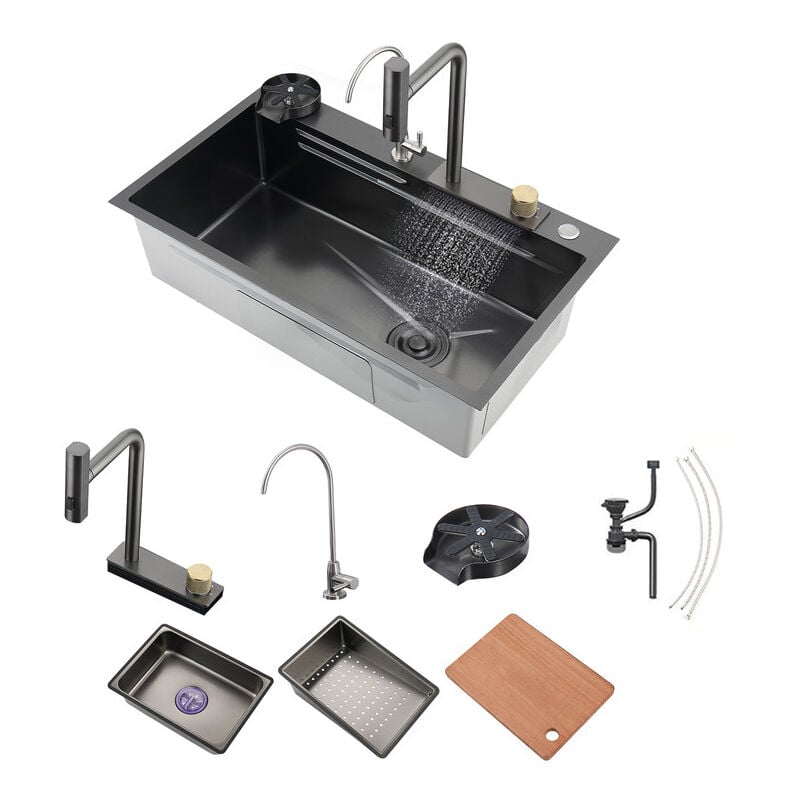 Küchenspüle, 304 Edelstahl Nano Spüle, Spüle Küche 1 Becken, Wasserfall Küche Spüle, mit Ausziehbarer Wasserhahn, Trinkwasserhahn, GlasspüLer Und