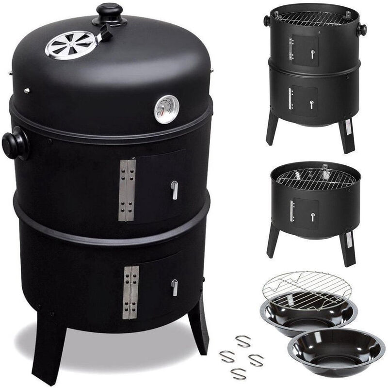 MaxxGarden Räuchergrill - Holzkohlegrill - Multifunktionsgrill - Grill - Räucherofen - 40x40x78cm - Schwarz