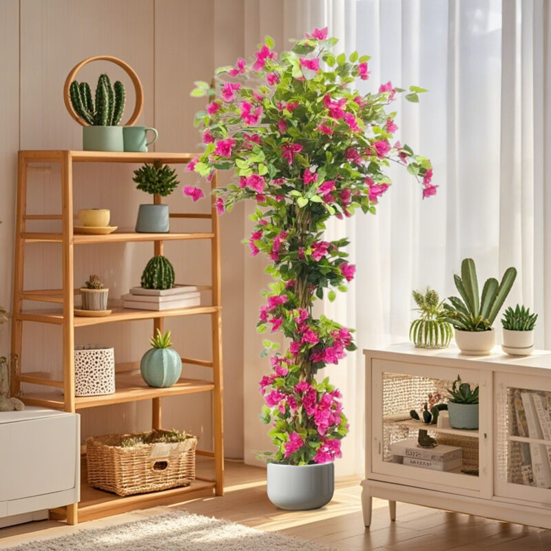 Künstliche Bougainvillea, 185 cm, für drinnen und draußen, Büro, Hochzeit, Heimdekoration, realistische Kunstpflanzen mit Holzstamm und rosa Blüten