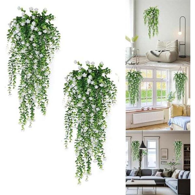 Künstliche Hängepflanzen, 2 Stück, weiße Kunstblumen, künstliche Efeu-Dekoration, für Innen- und Außenwände