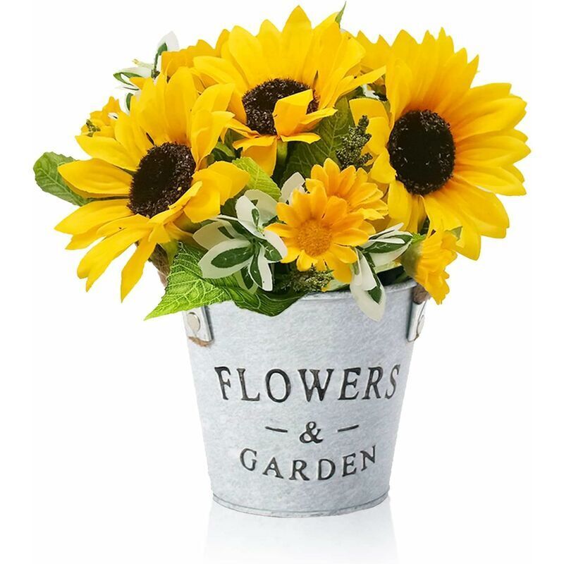 Linghhang - Künstliche Pflanzendekoration, Sonnenblumen-Dekopflanze für drinnen und draußen, künstliche Blumen mit Metalltopf, Mini-Kunstpflanzen für