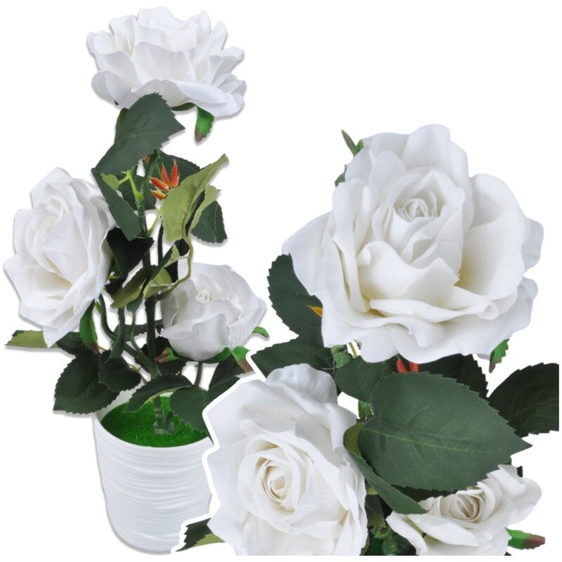 Künstliche Rosen, XXL, 3 Blüten im Topf, 38 cm, weiß – sehen aus wie echte Rosen.