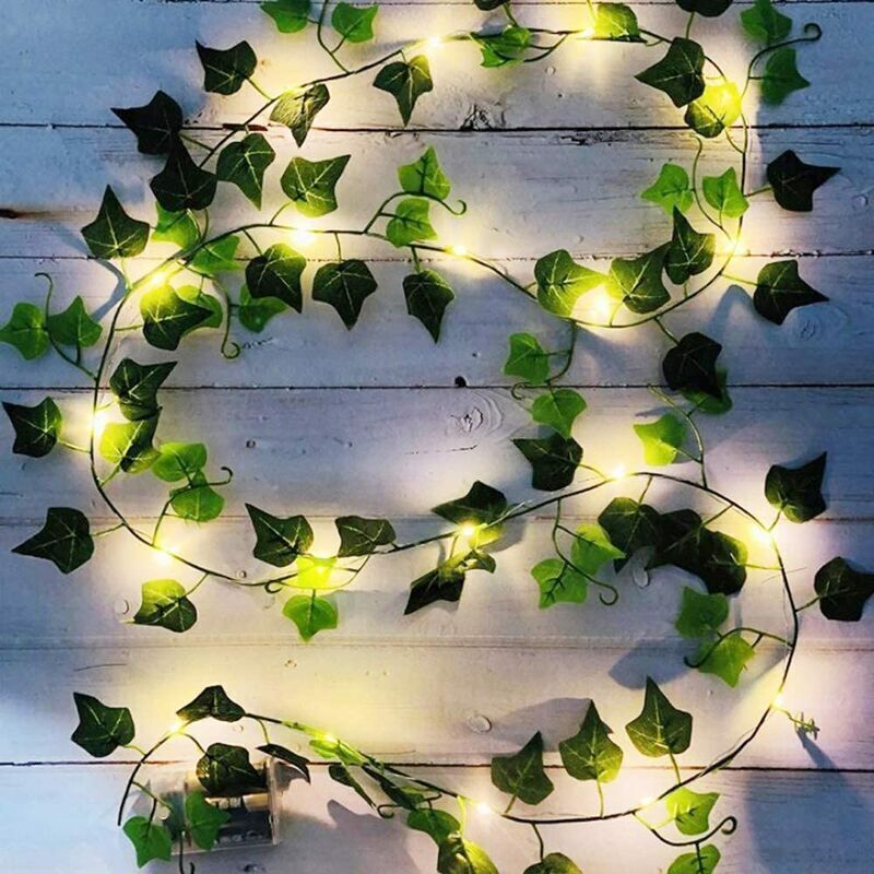 Künstlicher Efeu, 2 m lange Lichterkette mit Blättern, künstliche Pflanzen mit 20 LEDs und grünen Blättern, LED-Lichterkette mit Ranken für Garten,
