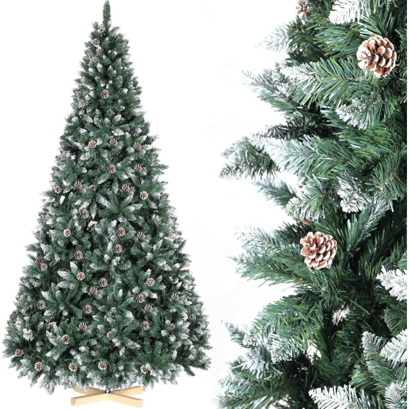 Künstlicher Weihnachtsbaum, künstlicher Weihnachtsbaum mit Kunstschnee und echten Zapfen, Holzsockel, feuerfestes Material (1584 Zweige, 210 cm)
