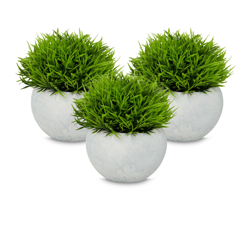 Relaxdays - Kunstpflanzen, 3er Set, künstliche Pflanzen im Topf, Kunststoff, Stein, Tischdeko, Gras Dekopflanze, grün/grau