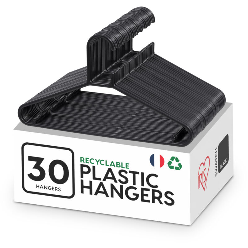 Iris Ohyama - Kunststoffbügel, 30er-Set, Schwarz, BPA-frei, Stabile Kleiderbügel für Garderobe und Schränke, Kleiderbügel für Anzug, Hose, Mantel,