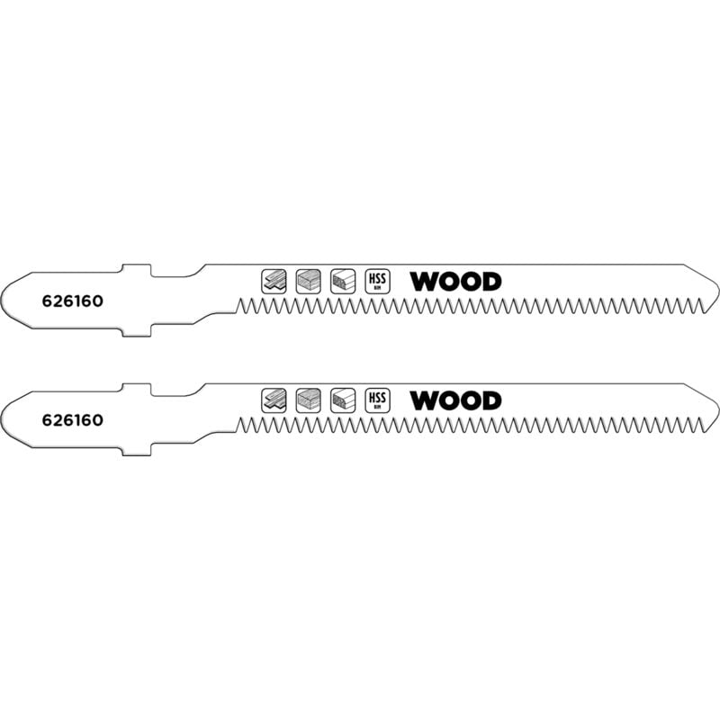 KWB - 2x Stichsägeblätter Laminat, Kurvenschnitt (geeignet für Laminat, Hartholz, Bi-Metall, gehärtete Zähne, verkürzter Sägeblattrücken, T-Schaft)