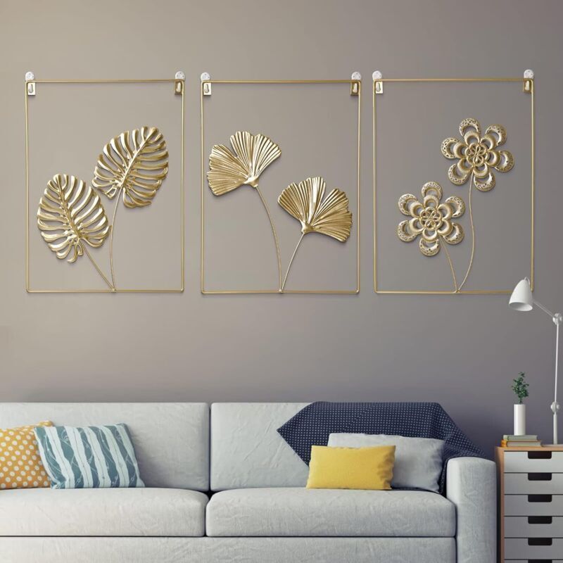 3-teiliges Wandkunst-Set in Gold, Ginkgoblatt-Metallskulpturen mit moderner minimalistischer abstrakter Kunst für Wohnzimmer, Schlafzimmer, Büro,