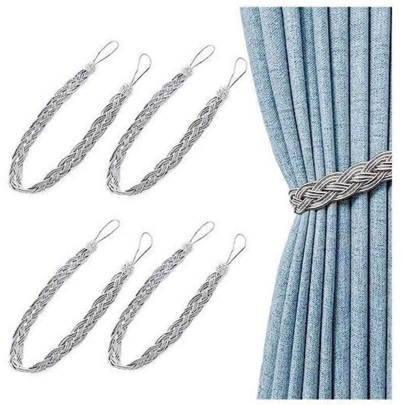 58 cm, 2 Paar silbergraue geflochtene Vorhang-Raffhalter für Vorhänge, einfache Vorhang-Raffhalter, Bindeseil für Vorhänge - KZQ