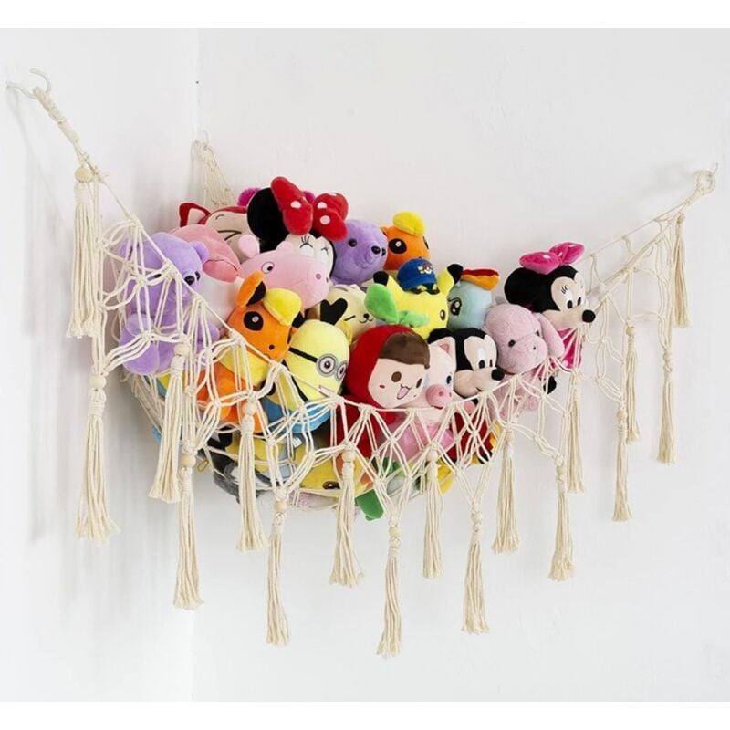 Bohemian Stofftier-Hängematte oder -Netz, 155 cm große Hängematte, Makramee-Ecknetzhalter für Stofftiere, Netz-Organizer mit Haken für Schlafzimmer