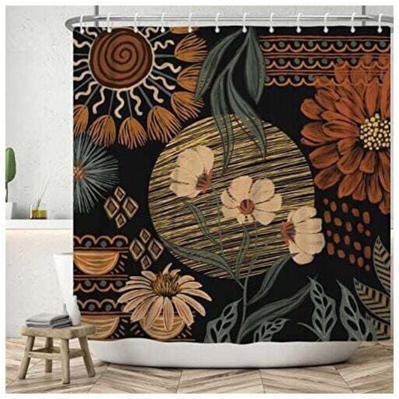 Duschvorhang 180 x 200 cm, Boho-Stil, Retro-Abstrakte Kunst, schwarze Blumenblätter, kleiner waschbarer Textil-Duschvorhang, wasserdichter