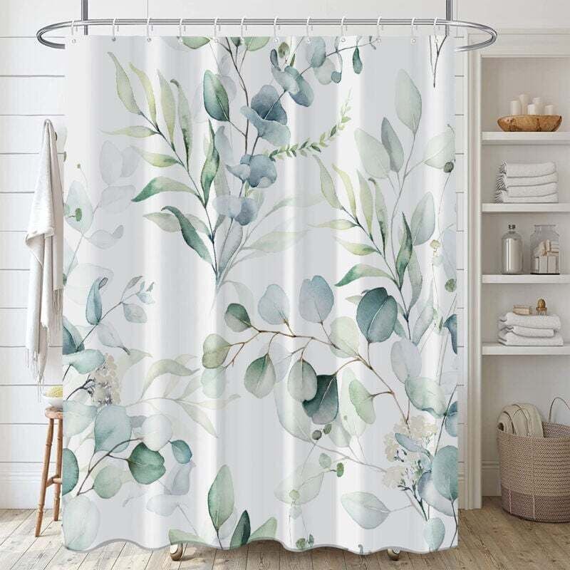 Eukalyptus-Duschvorhang, Duschvorhang mit weißen Blumen und grünen Blättern, schimmelresistent, wasserdicht, waschbar, Polyestergewebe, 180 x 180 cm