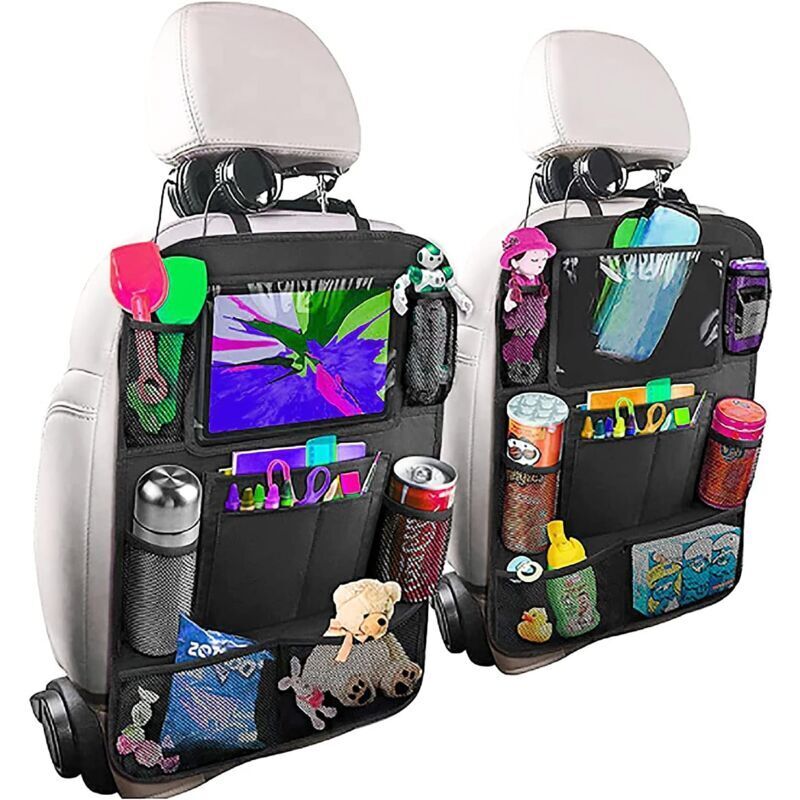KZQ - Kinder-Auto-Organizer, 2 Stück, Auto-Aufbewahrung, Auto-Innenraum, Auto-Zubehör, transparenter Tablet-Halter, 10 Taschen, Schwarz