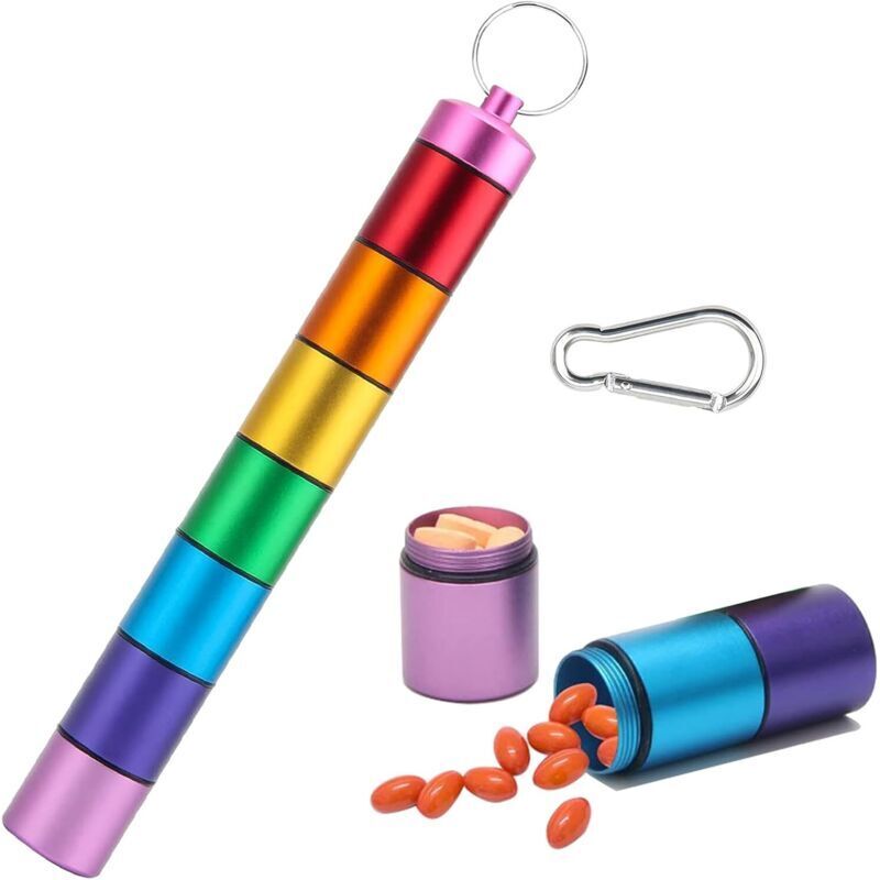 KZQ - Pillendose für 7 Tage, tragbar, abnehmbar, wasserdicht, aus Metall, mit Karabinerhaken für Pillen, Vitamine und Regenbogenfischöl