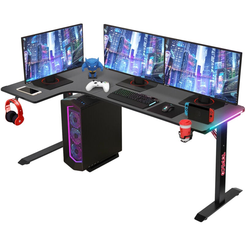 L-förmiger Gaming-Computertisch mit LED-Leuchten, Eckschreibtisch 160 x 100cm Gaming Schreibtisch, pc Tisch Gaming mit Kohlefaseroberfläche, mit