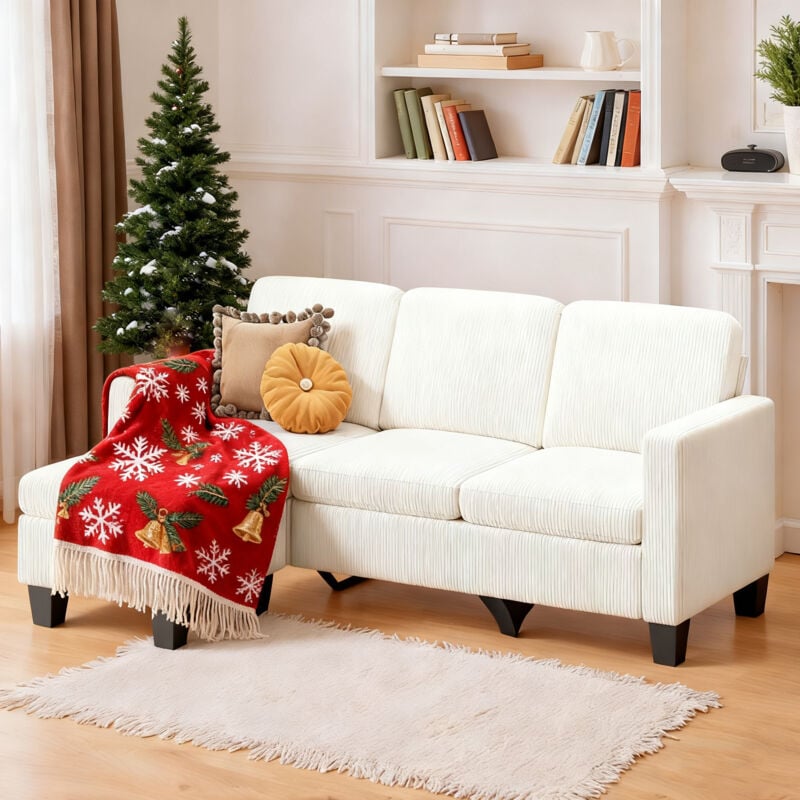 L-förmiges Ecksofa Bealife 3 Sitze Eckcouch mit Chaiselongue Cordbezug Geeignet fürs Wohnzimmer 188 x 136,5 x 89 cm Beige