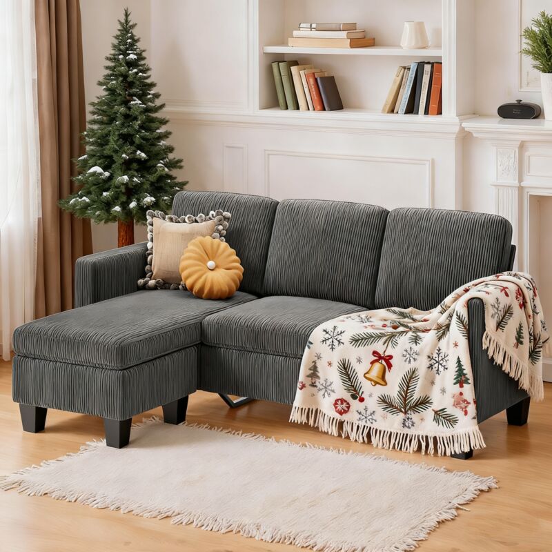 L-förmiges Ecksofa Bealife 3 Sitze Eckcouch mit Chaiselongue Cordbezug Geeignet fürs Wohnzimmer 188 x 136,5 x 89 cm Grau