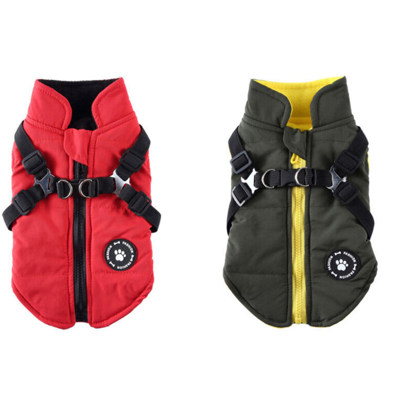 L) Rot + Grün Hundemantel Jacke mit Geschirr für kleine mittelgroße Hunde Wasserdichter Hundemantel Jacke Warm Gepolsterte Puffer Hundekleidung