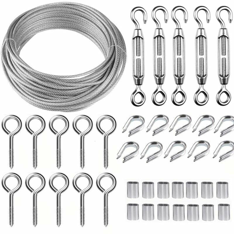 30 m langes 2 mm Edelstahl-Aufhängeseil-Set – mit M5-Kabelspanner und Haken – zum Klettern, Gartenzaun, Wäscheleine - Lablanc