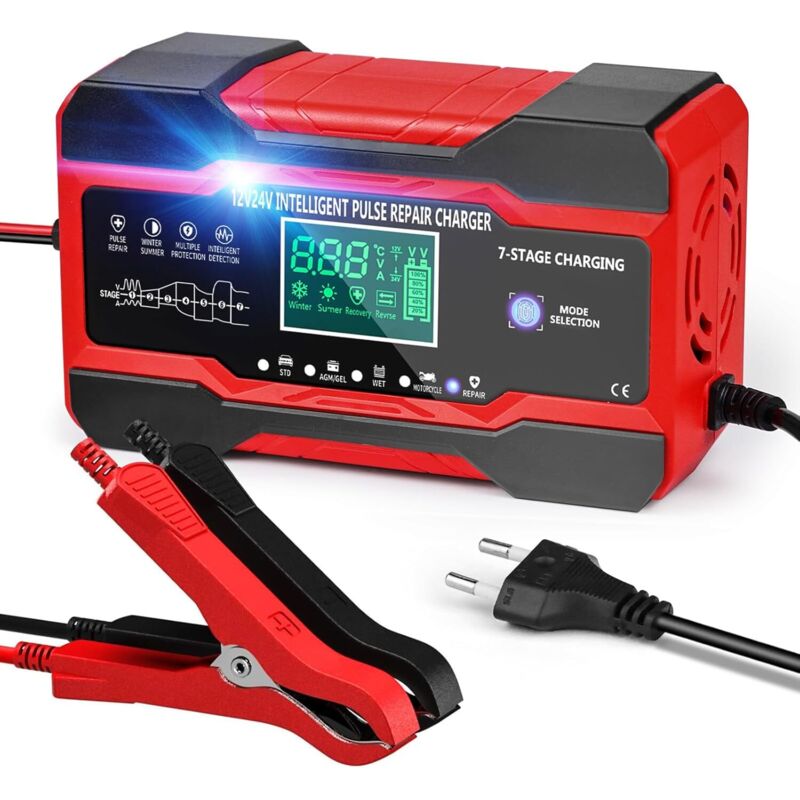 Autobatterie-Ladegerät 10 a 12 V/24 v, intelligentes Ladegerät für Auto, Motorrad, mit Touch-LCD-Bildschirm und 5 automatischen Reparaturmodi, Rot