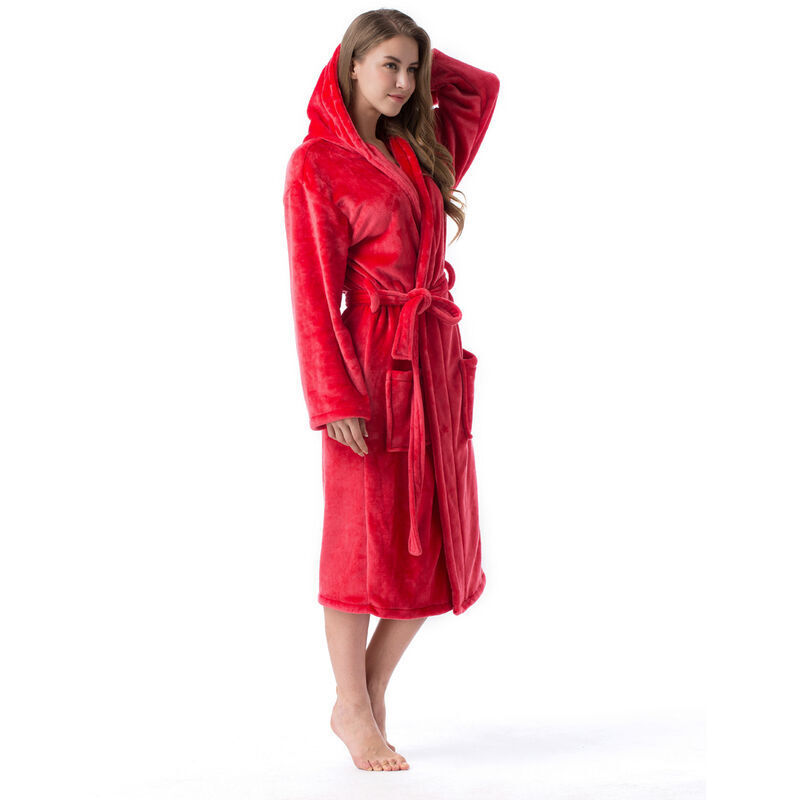 Indoor-Bademantel/Bademantel mit Kapuze für Damen und Herren, Größen Bademantel für Erwachsene, Rot, xxl, Frottee-Bademantel, 2 Taschen, Gürtel,