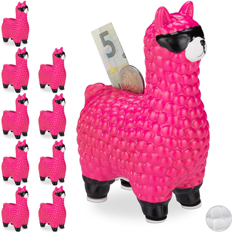 10 x Lama Spardose, mit Sonnenbrille, Geschenkidee & Deko, Alpaka Sparbüchse aus Keramik, HxBxT: 15,5 x 11 x 6 cm, pink