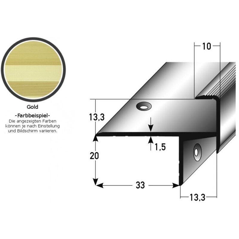 Auer - Laminat-Parkett-Treppenkante / Winkelprofil 'Cardale', Einfasshöhe 13,3 mm, 33 mm breit, Aluminium eloxiert, gebohrt-goldfarbig-1000