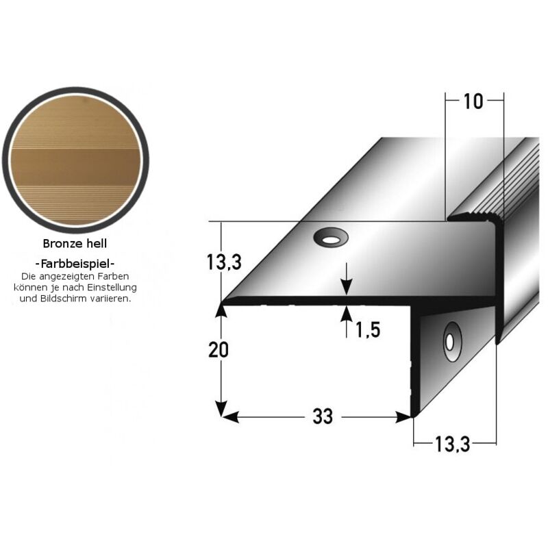 Auer - Laminat-Parkett-Treppenkante / Winkelprofil 'Cardale', Einfasshöhe 13,3 mm, 33 mm breit, Aluminium eloxiert, gebohrt-bronze hell-1000