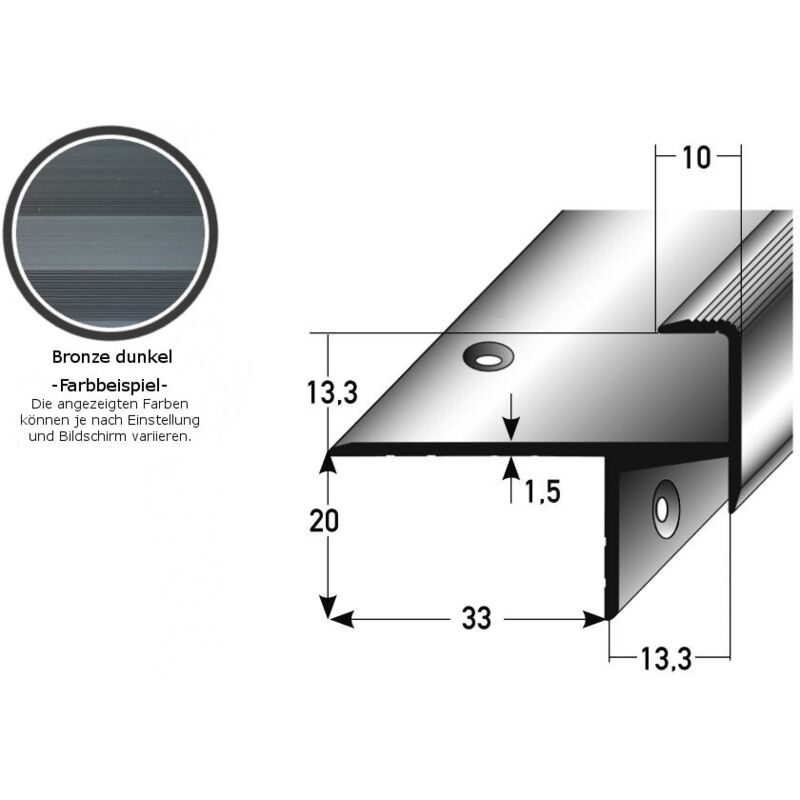Laminat-Parkett-Treppenkante / Winkelprofil 'Cardale', Einfasshöhe 13,3 mm, 33 mm breit, Aluminium eloxiert, gebohrt-bronze dunkel-1000