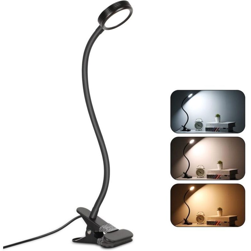 Lampe à pince Lampe de table à pince LED Lampe de bureau de lecture avec adaptateur Réglage de la luminosité Protection des yeux Bureau et maison