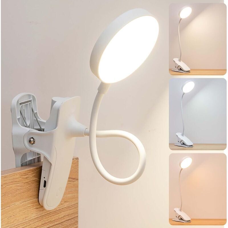 Lampe LED USB à pince, commande tactile, 3 modes d'éclairage, luminosité réglable, peut être utilisée comme lampe de bureau, lampe de lecture ou