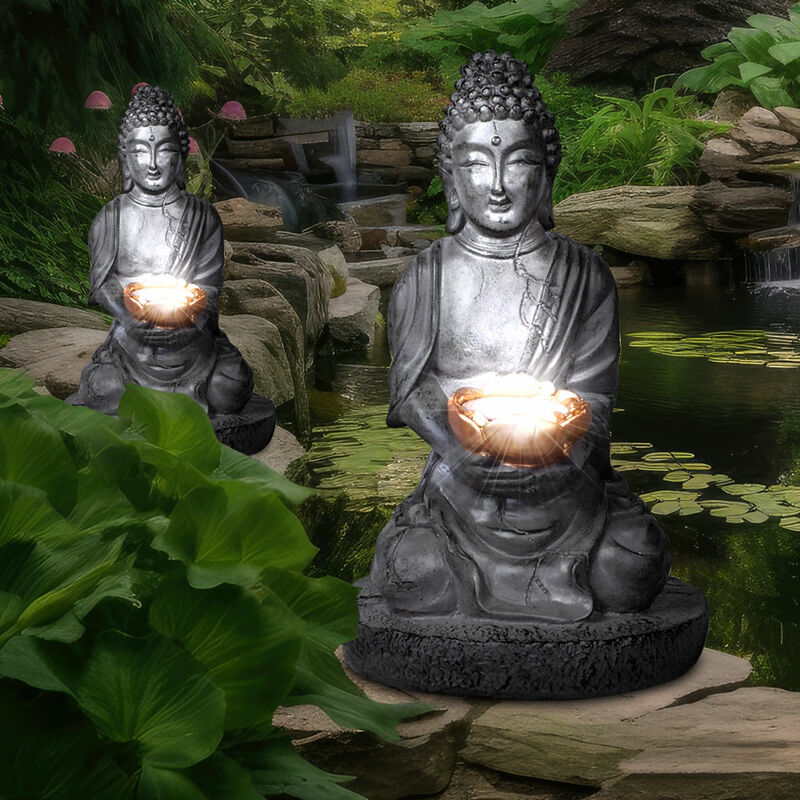 Solarleuchte Buddha Gartendeko Feng Shui Buddha Solarlampe, grau, 1x 0,06 Watt, DxH 18x28 cm, 2er Set