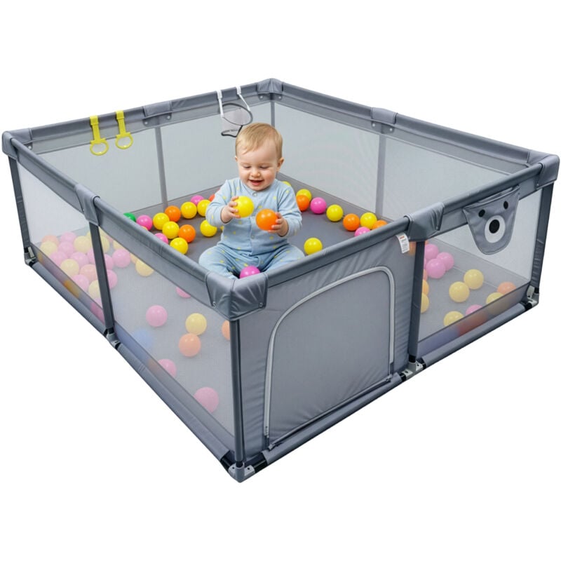 Relaxdays Laufstall Baby, 150 x 150 cm, Laufgitter, 50 Bällen, 2 Laufstallringe, sichere Spielecke, Oxford-Gewebe, grau