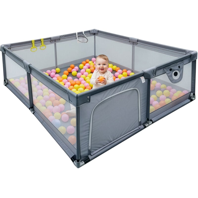 Relaxdays Laufstall Baby, 200 x 200 cm, Laufgitter, 50 Bällen, 2 Laufstallringe, sichere Spielecke, Oxford-Gewebe, grau
