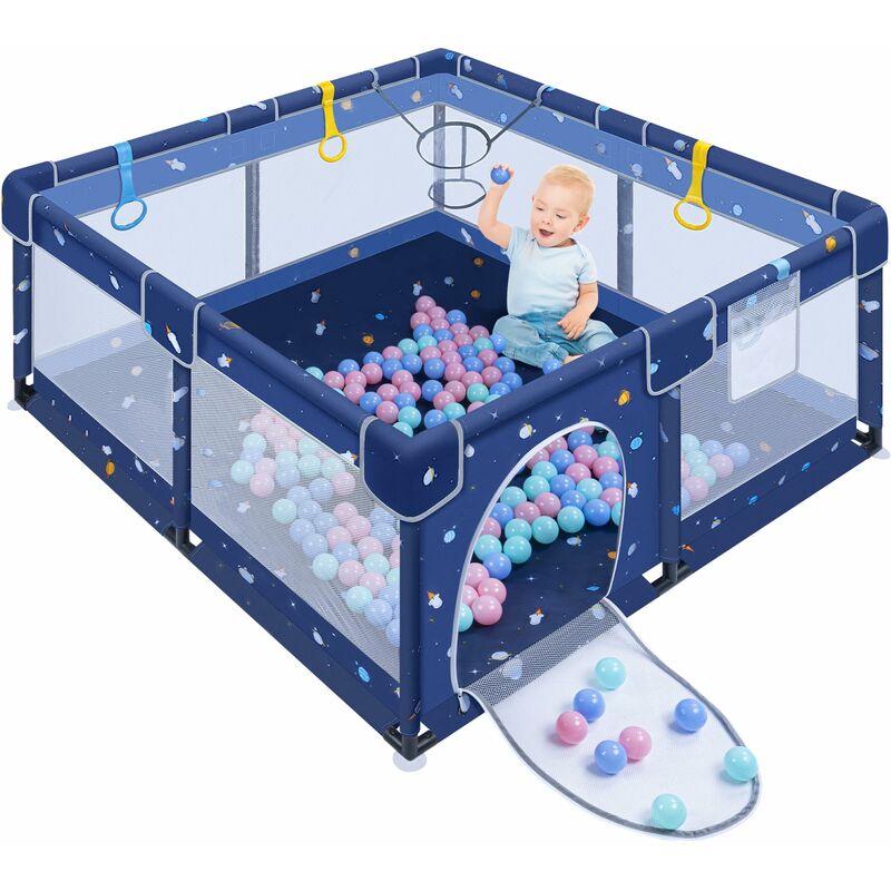 Laufstall Baby XXL Laufgitter 127x127cm Krabbelgitter mit atmungsaktivem Netz und Rutschfester Basis für Kinder im Innen- und Außenbereich, Cartoon