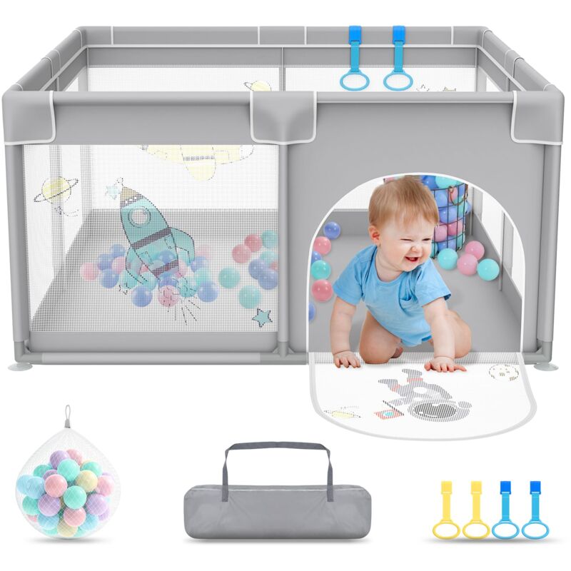 Laufstall Baby Laufgitter Baby 127x127cm Baby Playpen mit 50 Spielbällen, 1 Krabbelgitter und 4 Zugringen Kinder Tragbarer Laufstall Kleines