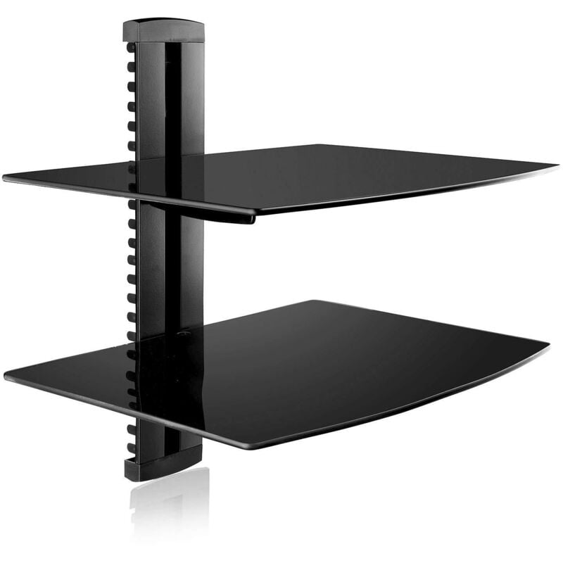 Lautsprecher-Wandhalterung, schwebendes Glasregal, Wandhalterung für DVD-Player/Kabelboxen/Spielkonsolen/TV-Zubehör, 2 Ablagen, Schwarz