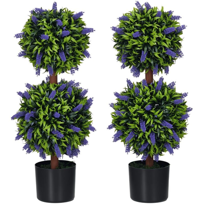 HOMCOM 2er-Set künstliche Lavendelbaumkugel groß 70 cm Kunstpflanze, Plastik künstliche Pflanzen im Topf, UV-beständiger Kunstblumen für Wohnzimmer