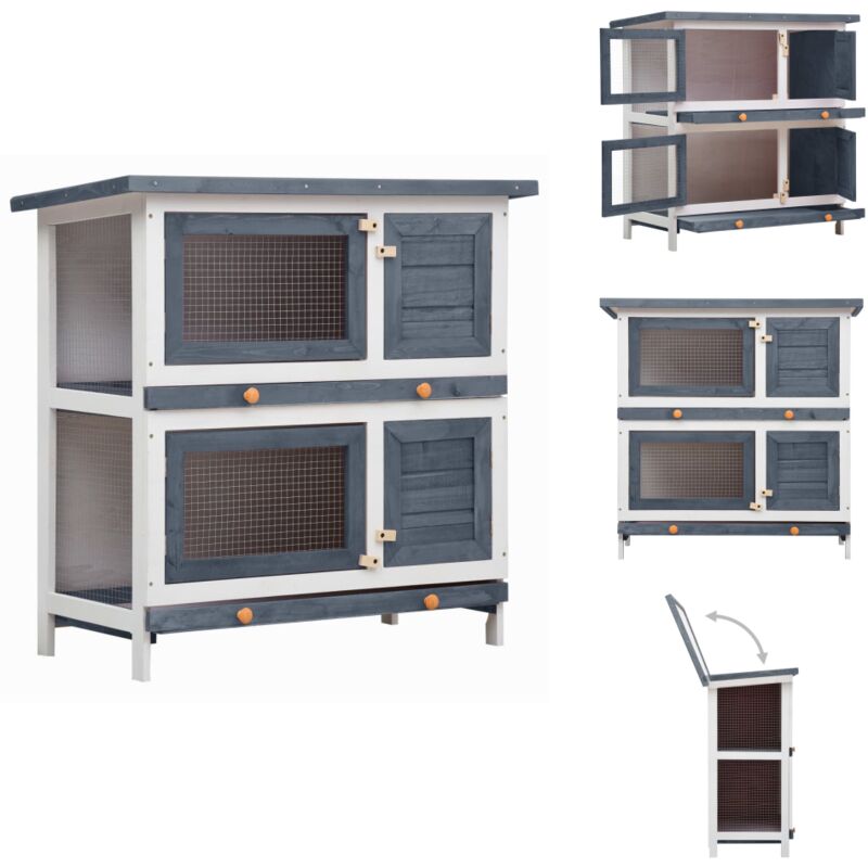 Kaninchenstall 4 Türen Grau Holz - Kaninchenhaus - Kaninchendrahtgehege - Kleintiere Unterkunft - Tierheim - Holzhaus