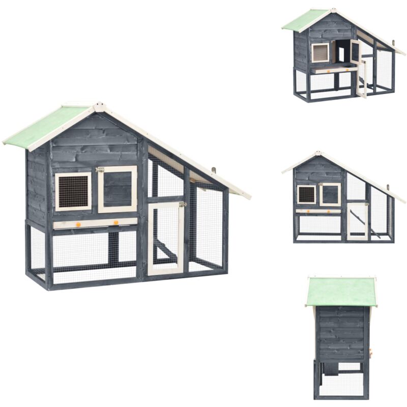 Kaninchenstall Grau und Weiß 140x63x120 cm Tanne Massivholz - Holzhaus - Kaninchendrache - Kaninchengehege - Kaninchenstall - Tierheim