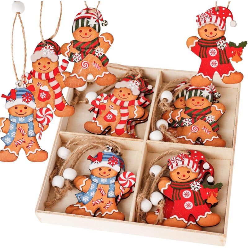 Lebkuchenmann-Weihnachtsdeko-Set mit 12 Holzbaumkugeln und handgefertigten Geschenkanhängern