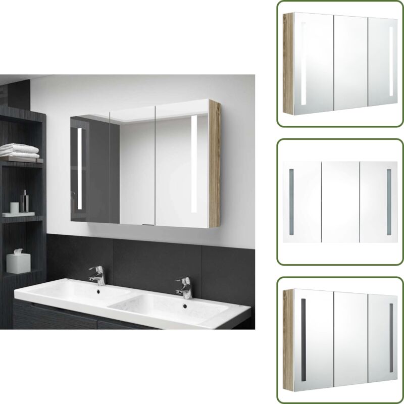 Vidaxl - LED-Bad-Spiegelschrank 89x14x62 cm Weiß und Eichen-Optik - LED-Spiegelschrank - Badezimmermöbel - Waschtischschrank - Spiegelschrank
