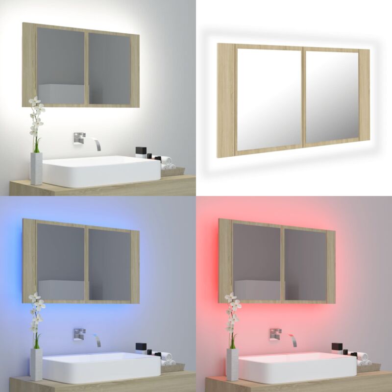 LED-Bad-Spiegelschrank Sonoma-Eiche 80x12x45 cm Acryl - LED-Spiegelschrank - Badezimmermöbel - Acrylspiegel - Sonoma-Eiche - rgb Beleuchtung - Home &