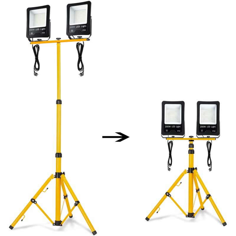 Led Baustrahler Arbeitsleuchte 200W2 16000LM led Fluter Floodlight inkl. Stativ und 3M Kabelfür Innen-und Außenbereich (2 200W Warmweiß + Stativ)