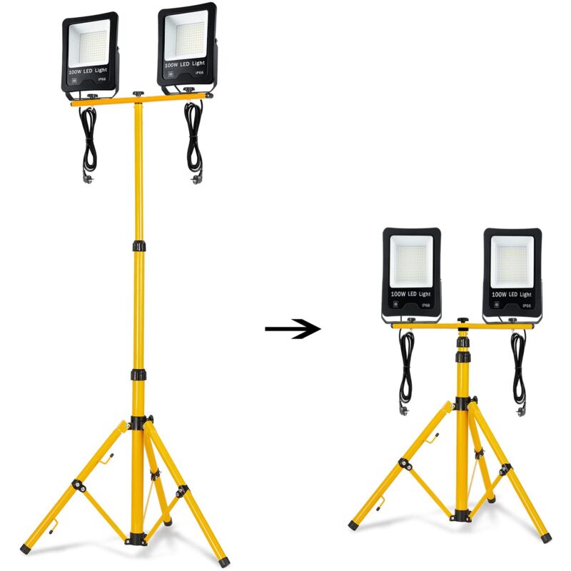 Led Baustrahler Arbeitsleuchte 100W2 8500LM led Fluter Floodlight inkl. Stativ und 3M Kabelfür Innen-und Außenbereich (2 100W Kaltweiß + Stativ) Naizy