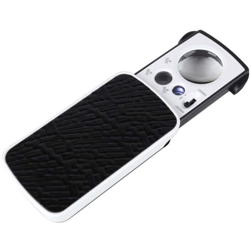 LED-beleuchtete Taschenlupe – 30x, 60x, 90x Vergrößerung – Beleuchtete Leselupe für Senioren – Schwarze, faltbare Taschenlupe für Schmuck, Münzen,