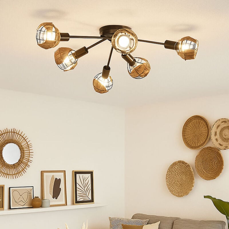 LED Deckenlampe dimmbar Geflecht 6 Flammig Deckenleuchte Deckenlampe Wohnzimmer, Metall schwarz braun, 6x 4W 6x 470lm warmweiß, DxH 67x20cm