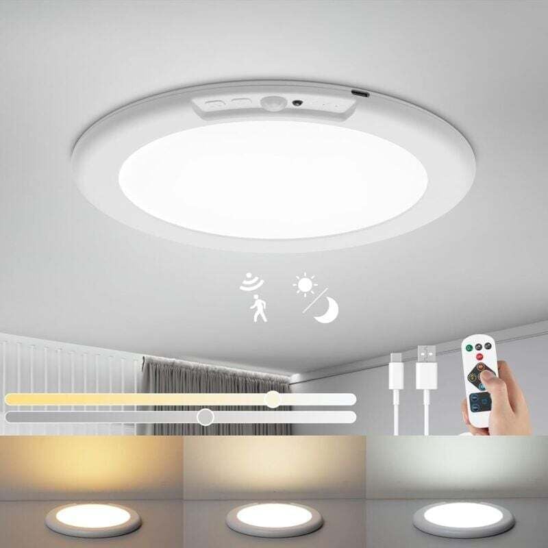 LED-Deckenleuchte mit Bewegungsmelder, 6000-mAh-Akku, kabellose Deckenleuchte mit Fernbedienung, Ø 19 cm, dimmbar (3000–6500 K), für Treppenhaus,