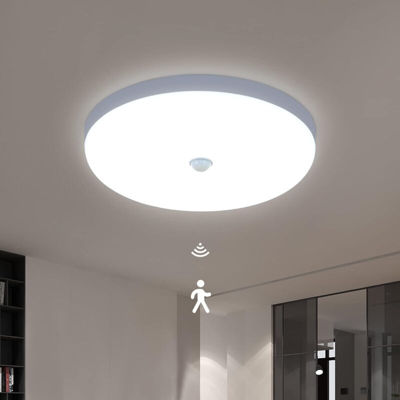 Comely - LED-Deckenleuchte mit Bewegungsmelder, 30W 6600K Moderne Deckenlampe Kaltweißes Licht, 25CM Runde Deckenleuchte Weiß für Küche, Flur,